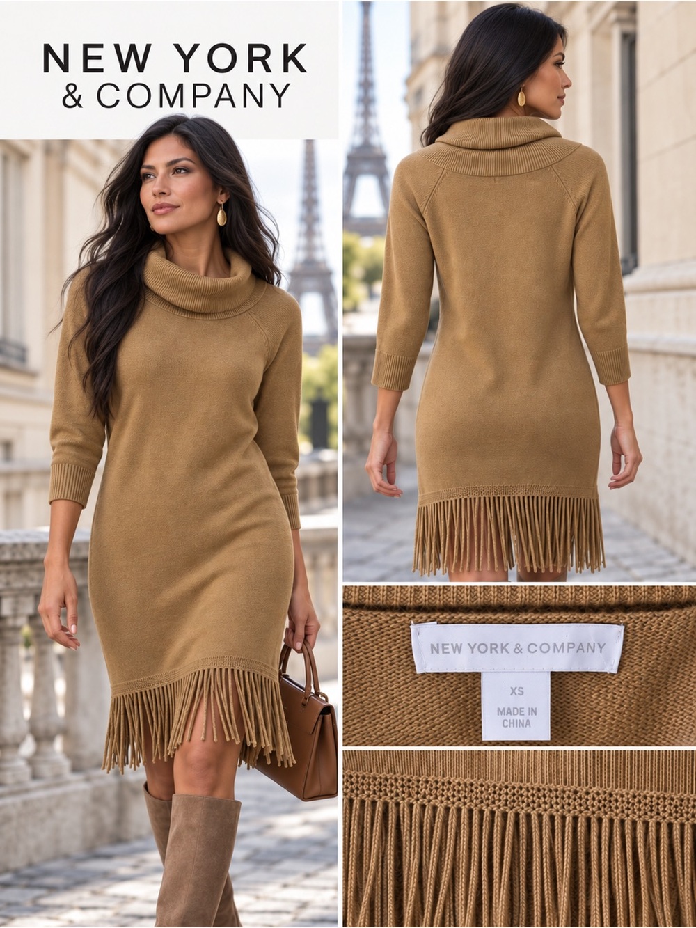 New York & Company Fringe Hem Cowl Neck Sweater Dress Camel XS